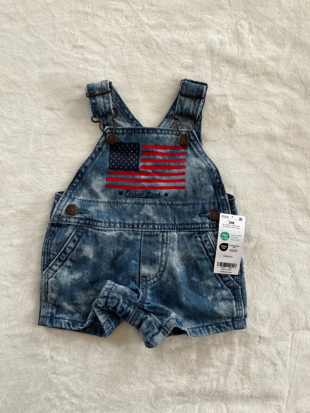 OshKosh B'gosh Blue Denim Shortall with Red & Navy Flag
